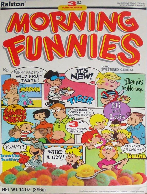 The world's unfunniest comic strips were assembled together on a very unfunny cereal box. Not surprised no one's heard of this.