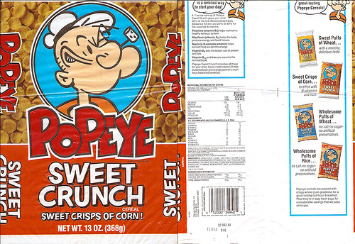 Popeye cereal came in bags in a variety of types. Sweet crunch was the best.