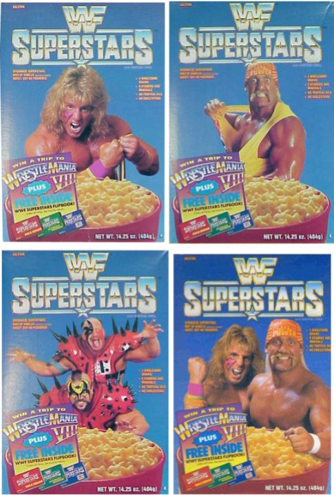 Four box variants of WWF Superstars cereal. Don't eat this around Papa Shango...